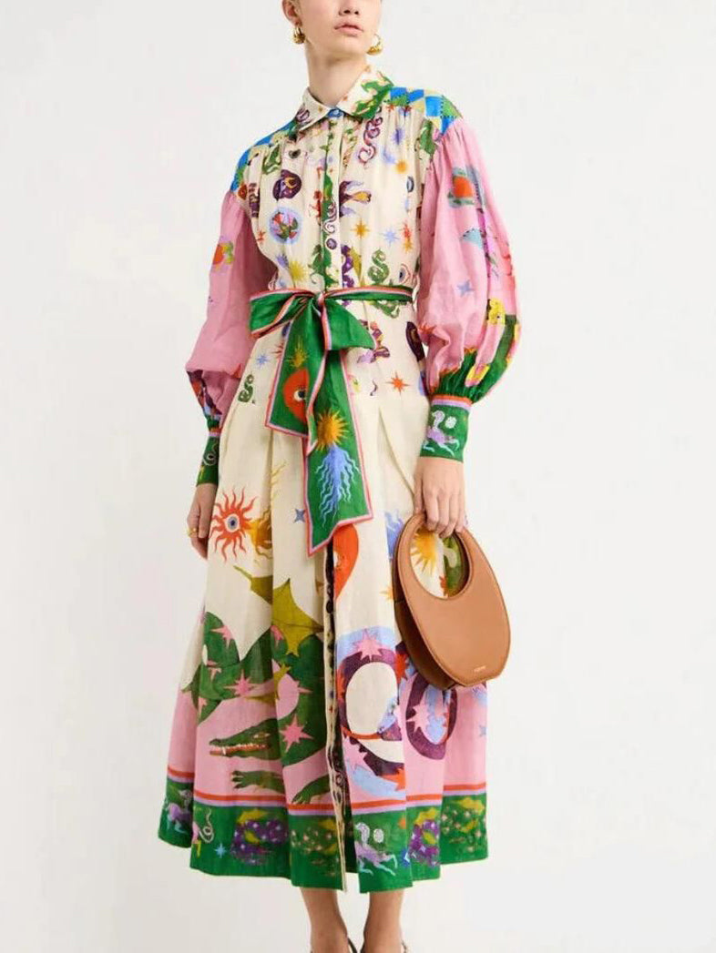 Einzigartiges und schönes Langarm-Midikleid im Hemdstil mit Retro-Print