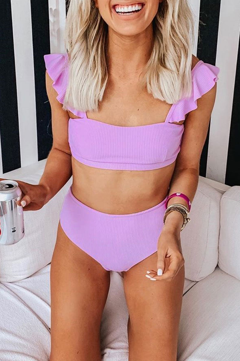Flounce Design Light Pink Two Pieces Swimsuit Purple