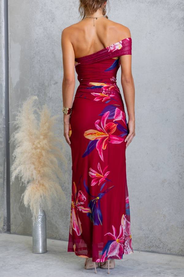 One-Shoulder Printed Mesh Bodycon Mermaid Maxi Dress