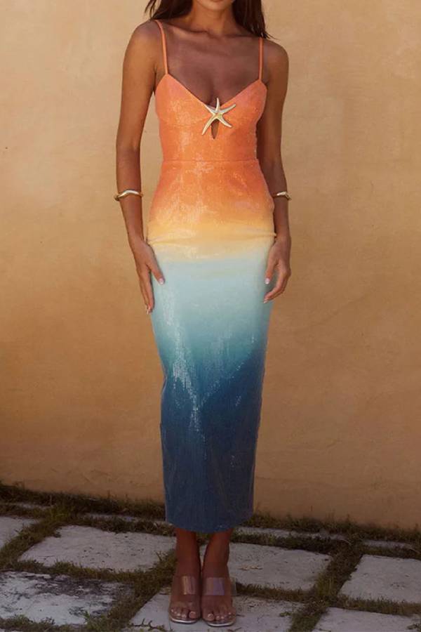 Chic Starfish Design Sequined Printed Sling Dress Orange-Blue