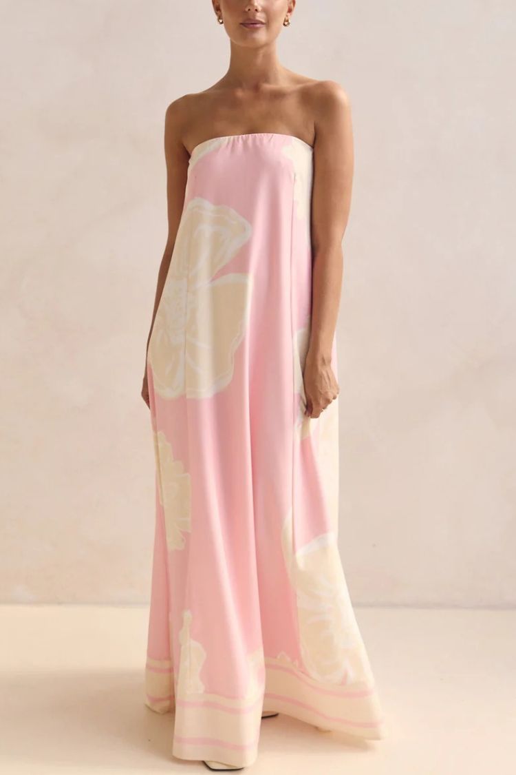 Unique Print Sexy Tube Top Back Zipper Loose Maxi Dress Light Pink