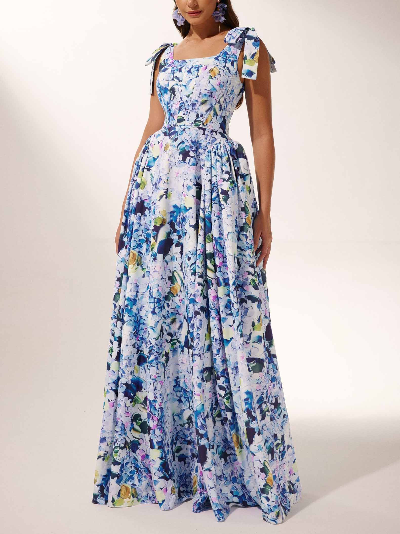 Robe longue à imprimé hortensia et bretelles à nœud