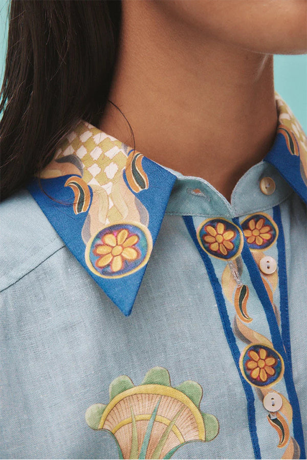 SUN SEEKING UNIQUE HEAVEN BIRD PRINT BALLOON SLEEVE BUTTON LOOSE SHIRT