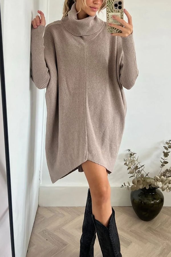 Perfect Winter Walks Knit Turtleneck High-low Hem Loose Midi Sweater Beige