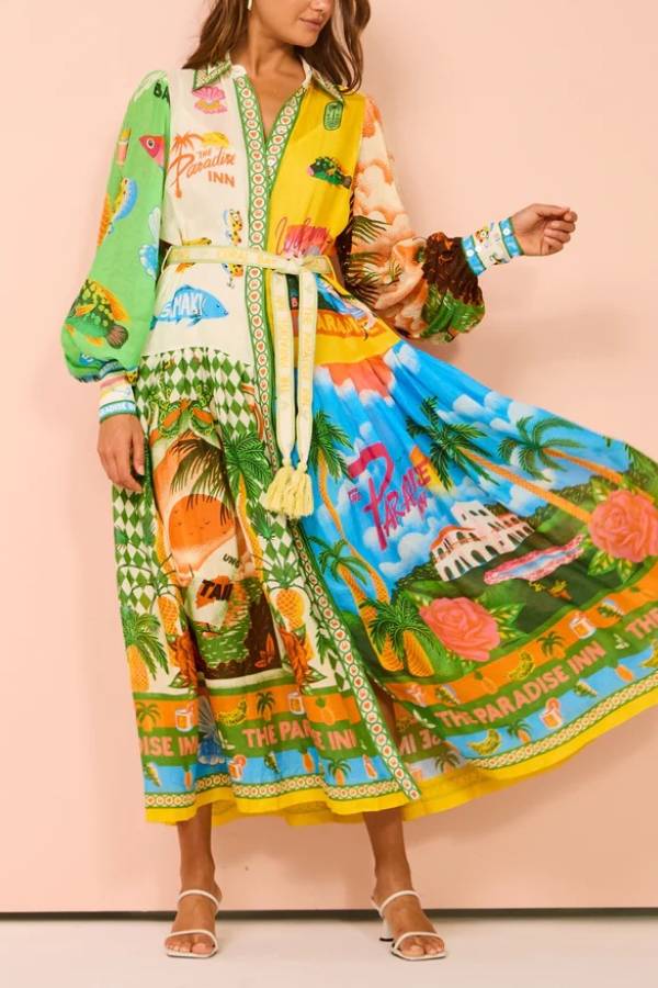 A World of Colour Unique Print Balloon Sleeve Belt Shirt Midi Dress