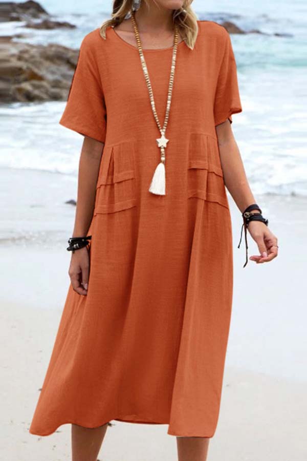 Summer loose casual cotton and linen solid color round neck short-sleeved mid-length dress Orange