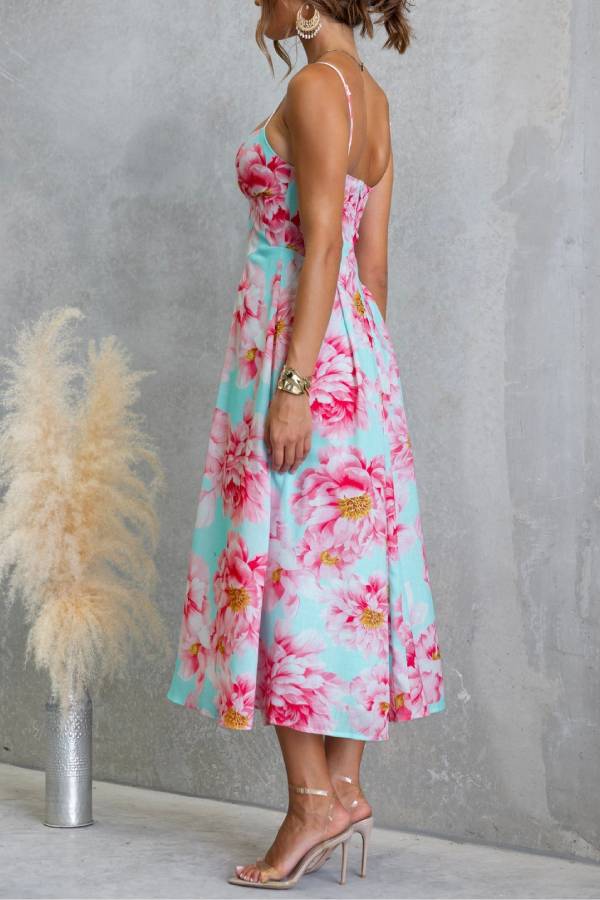 French Floral V-Neck Spaghetti Strap Fit-and-Flare Midi Dress