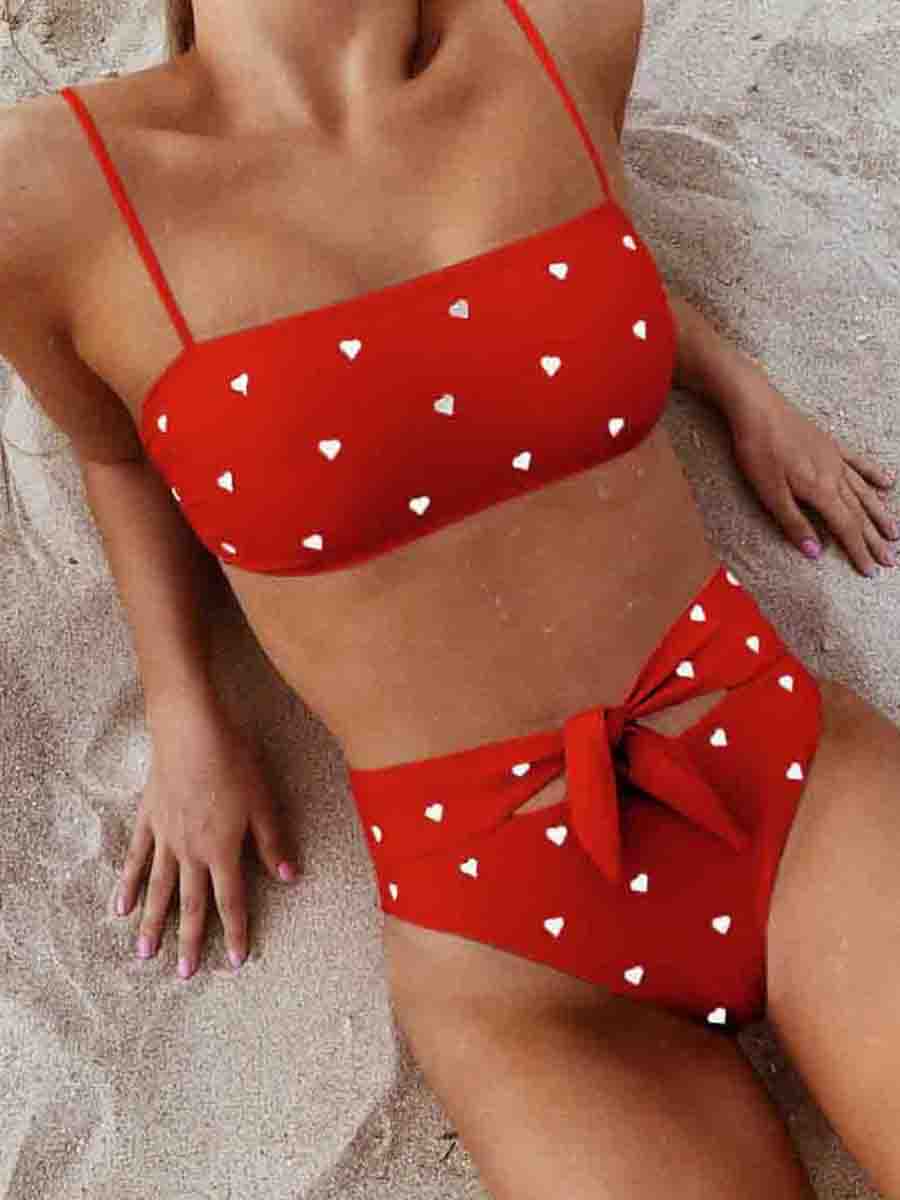Little Red Heart Print Two pieces Swimsuit( 3 Colors) Red