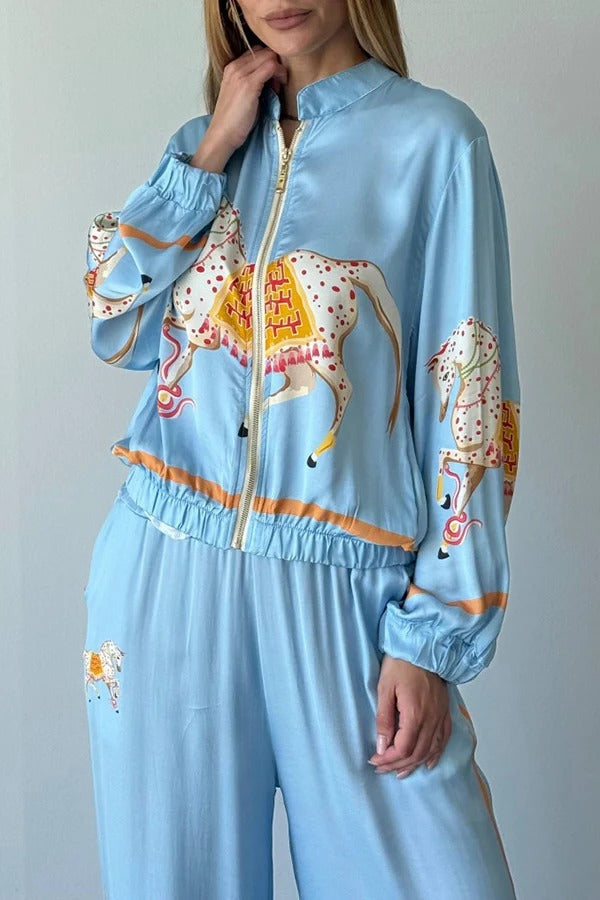Artistic Satin Colorblock Horse Print Stand Nack Long Sleeve Pocket Zipper Jacket