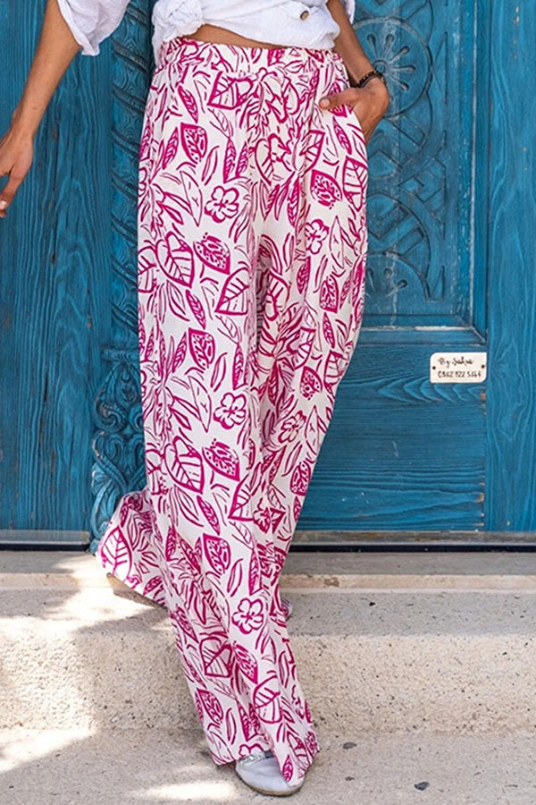 Printed trousers Wide-leg pants Diagonal pocket casual pants