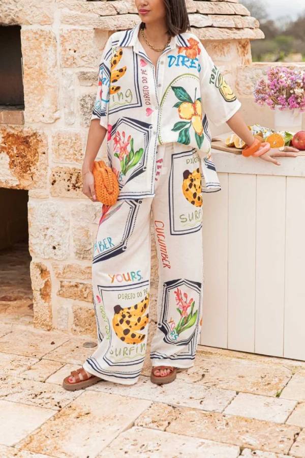 Summer Plant Fruit Print Casual Short Sleeve Shirt and Elastic Waist Loose Wide Leg Pants Set