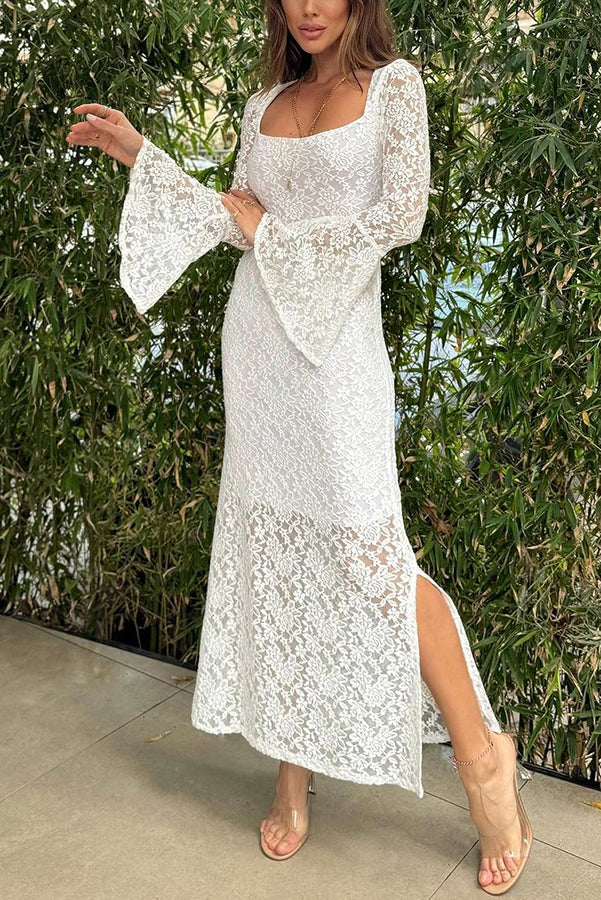 Luxe Lifestyle Lace Square Neck Bell Sleeve Lined Slit Midi Dress White