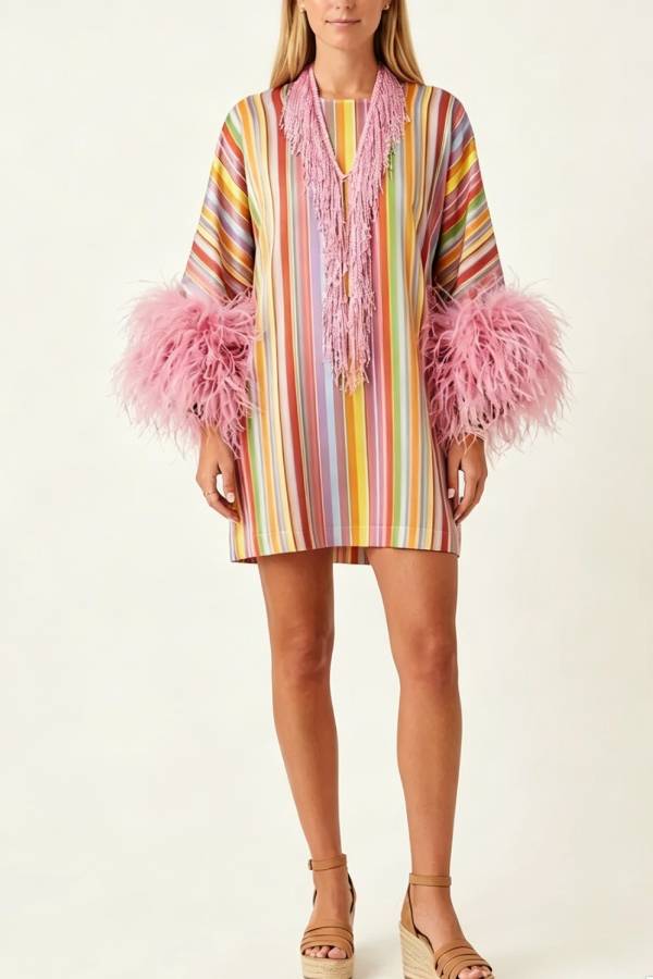 Rainbow Striped Feather Tassel Mini Dress
