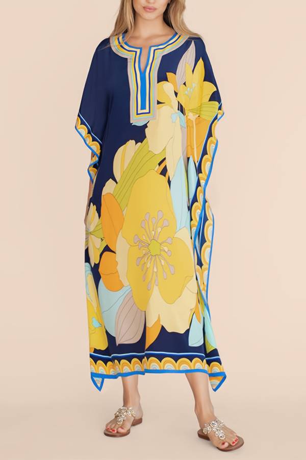 Multi-Color Printed V-Neck Kimono-Sleeve Maxi Kaftan