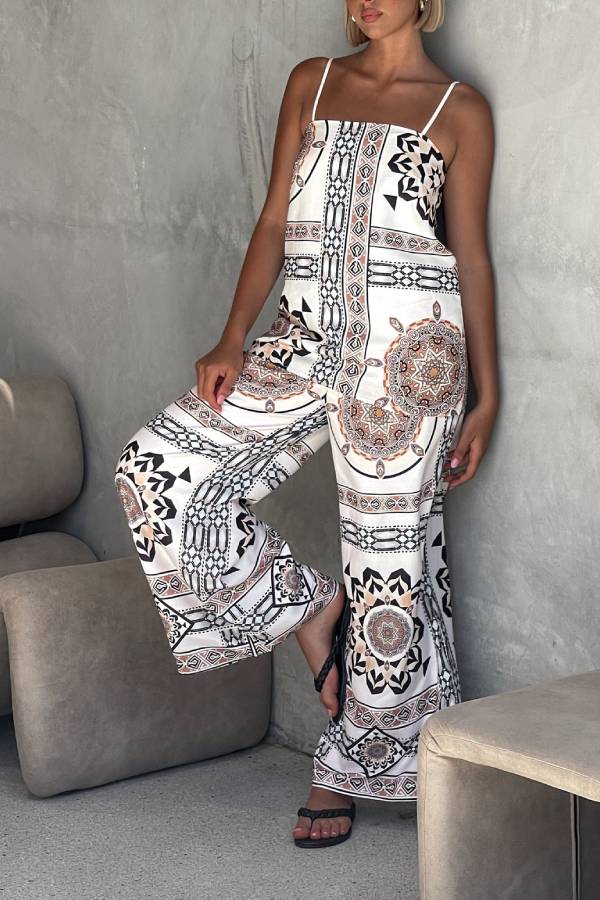 Unique Print Loose Casual Tank Top and Elastic Waist Wide Leg Straight Pants Set
