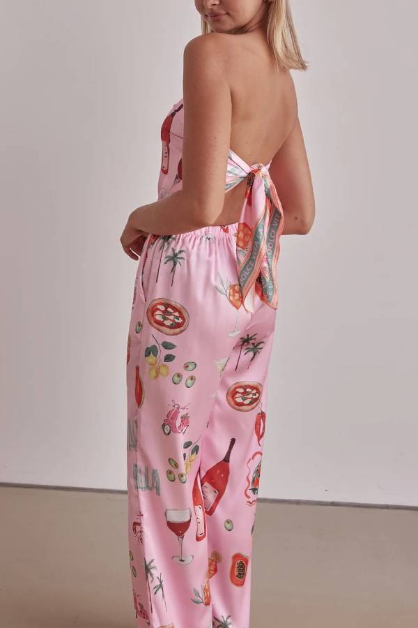 Vacation-Style Printed Satin Strapless Top + High-Waisted Wide-Leg Pants Set