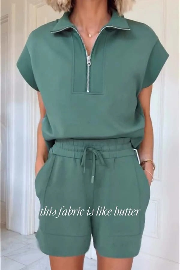 Ensemble sweat-shirt à manches courtes et short décontracté à taille élastique et demi-zip Buttery Touch 