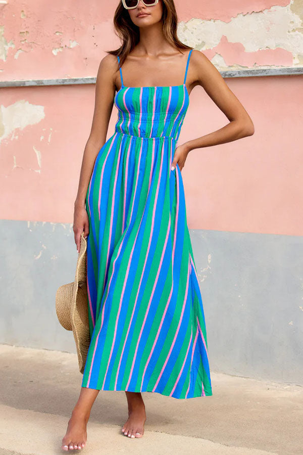 Gigi Linen Blend Stripe Elastic Bodice Pocket Loose Midi Dress Blue