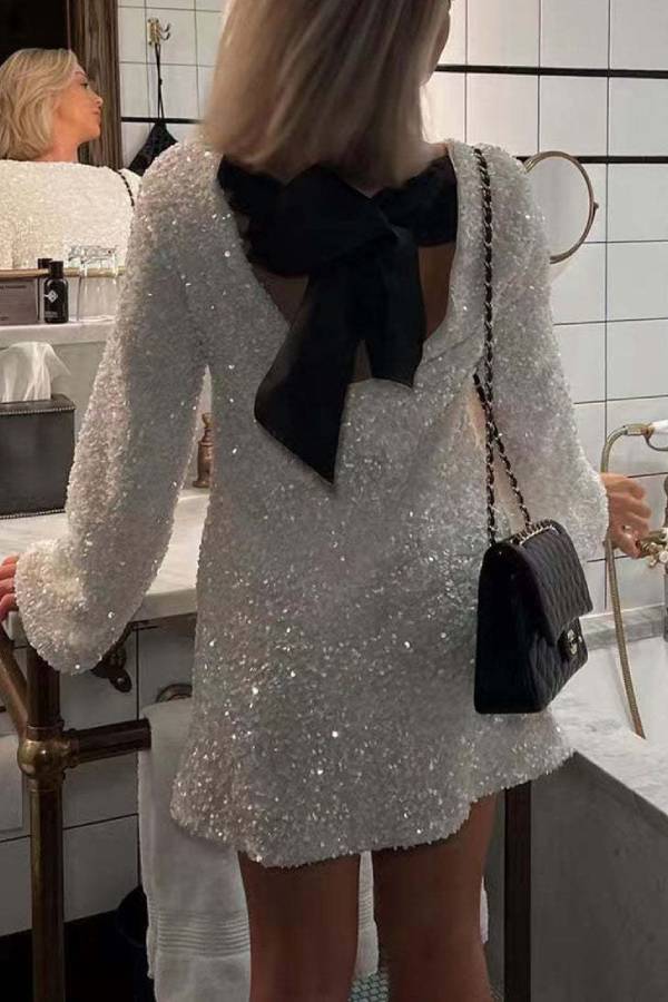 Dance All Night Sequin Back Tie Up Bow Loose Mini Dress White