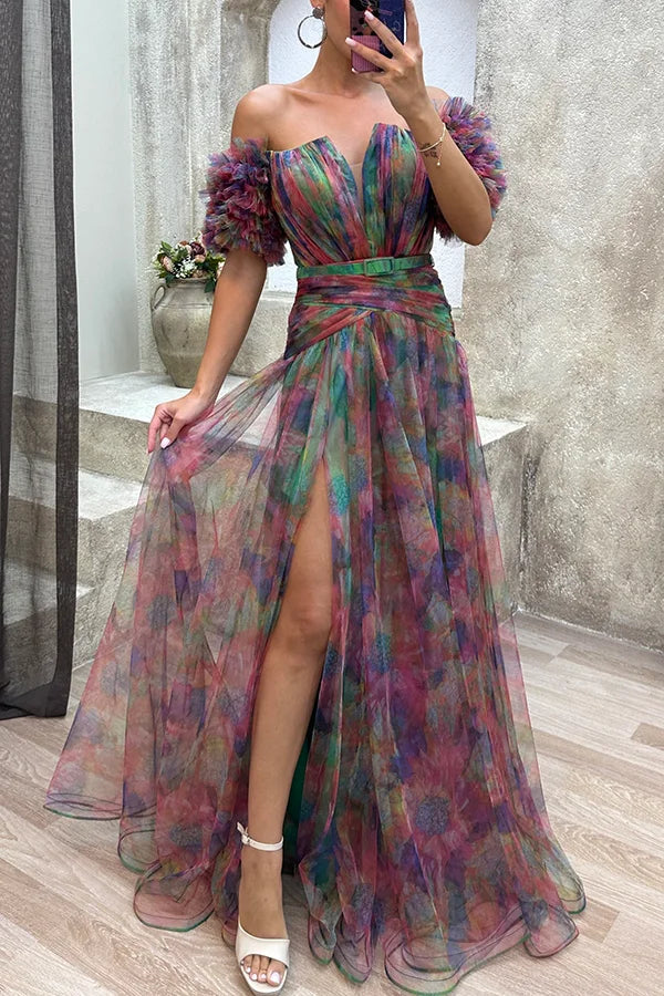 She Owns It Mesh Tulle Tiered Sleeve Ruched Slit Evening Maxi Dress Green