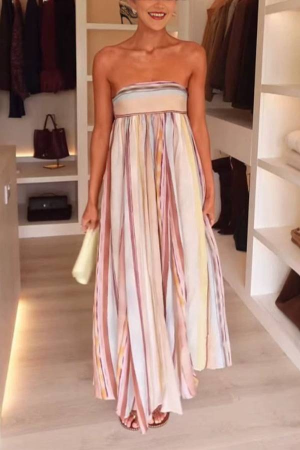 Watercolor Stripe Textured Strapless Maxi Dress