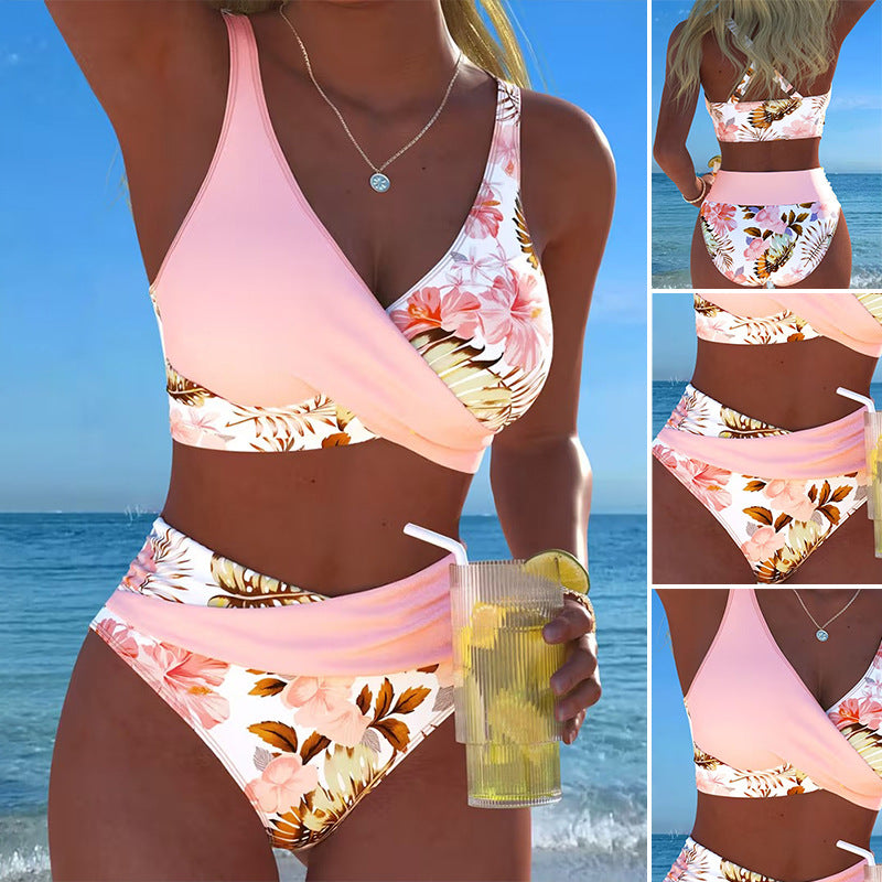 Tropical Floral Print Wrap-Front High-Waisted Bikini Set
