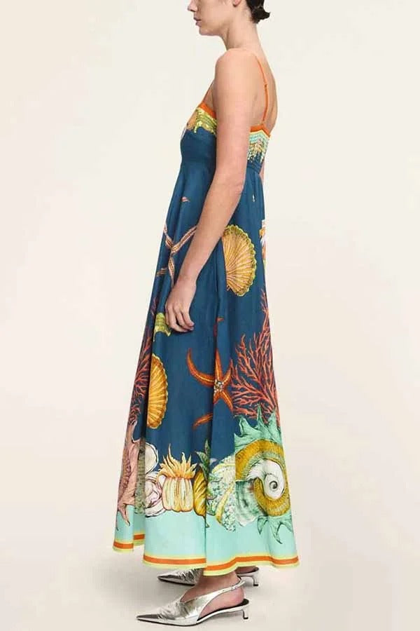 Linen Blend Unique Print Suspenders Back Pleated Pocket Resort Style Maxi Dress