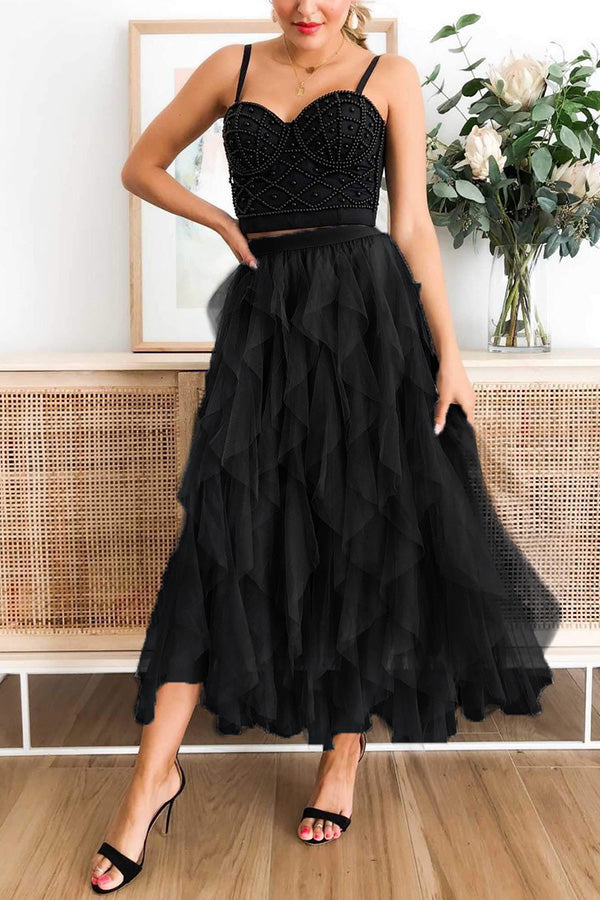 Fashionable solid color puffy mesh high waist slimming skirt Black