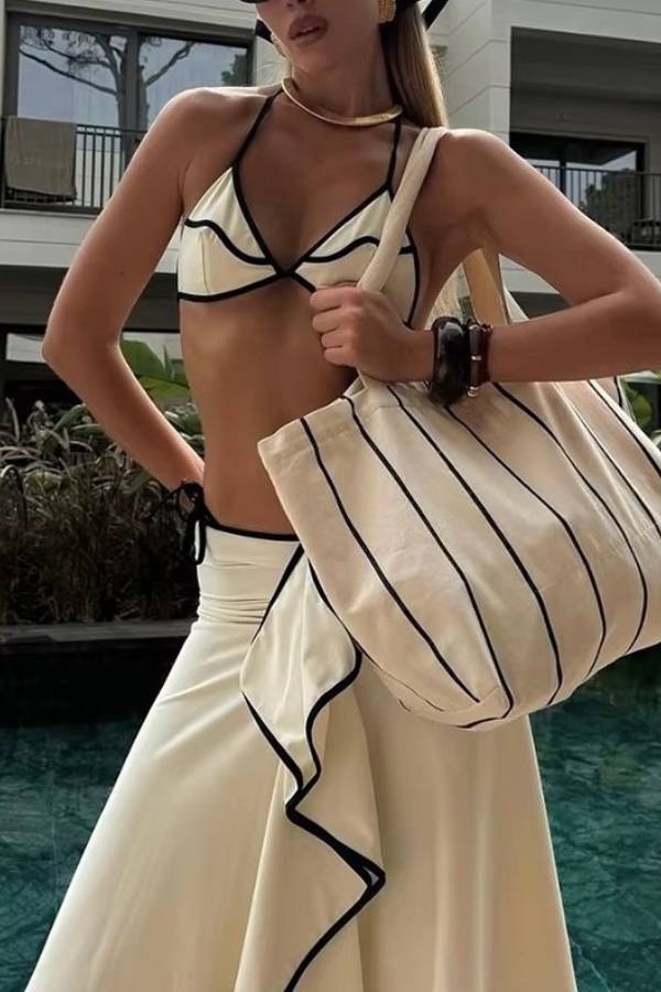 Color-Blocked Trim Halter Triangle Bikini with Ruffle Slit Cover-Up Skirt 3-Piece Set