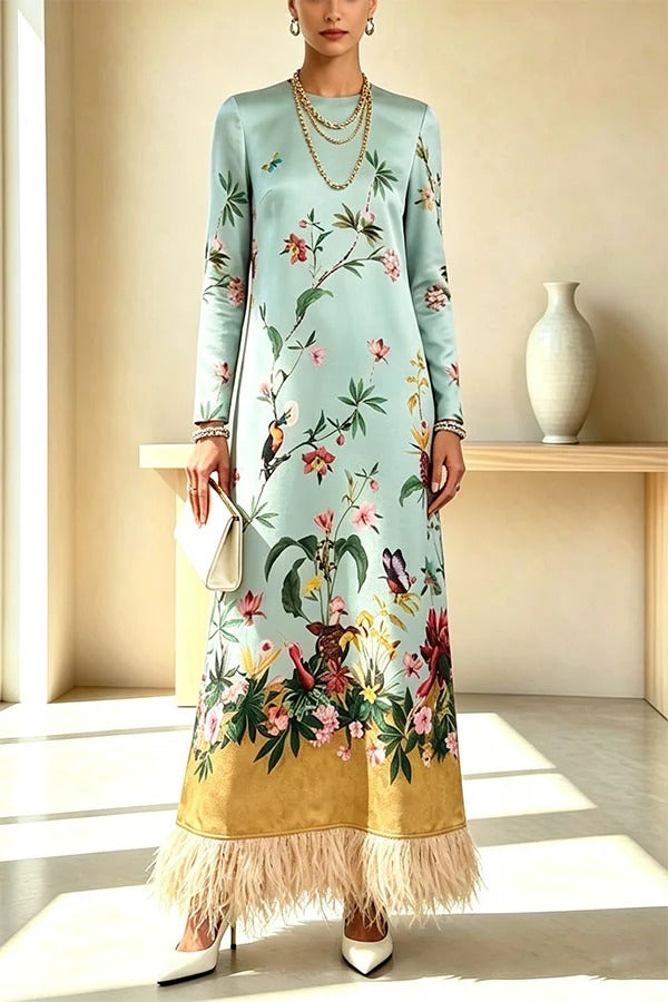 Cecilia Satin Colorful Baroque Style Printed Long Sleeve Feather Trim Maxi Dress