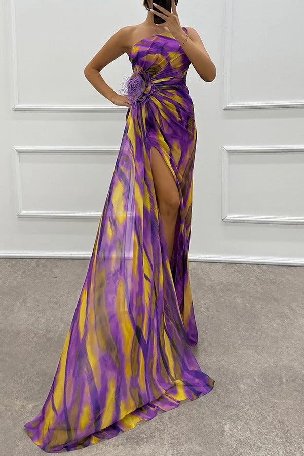 Amazing Views Watercolor Print Feather Rose Detail Off Shoulder Pleated Slit Maxi Dress Purple