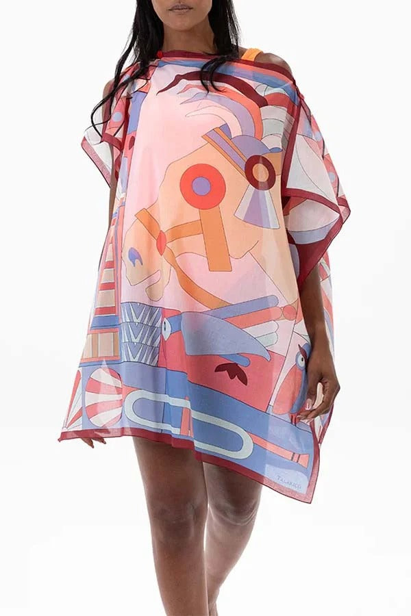 Horse Island – Lockeres Minikleid aus Tüll mit einzigartigem Print und One-Shoulder-Träger und Knopfdetail