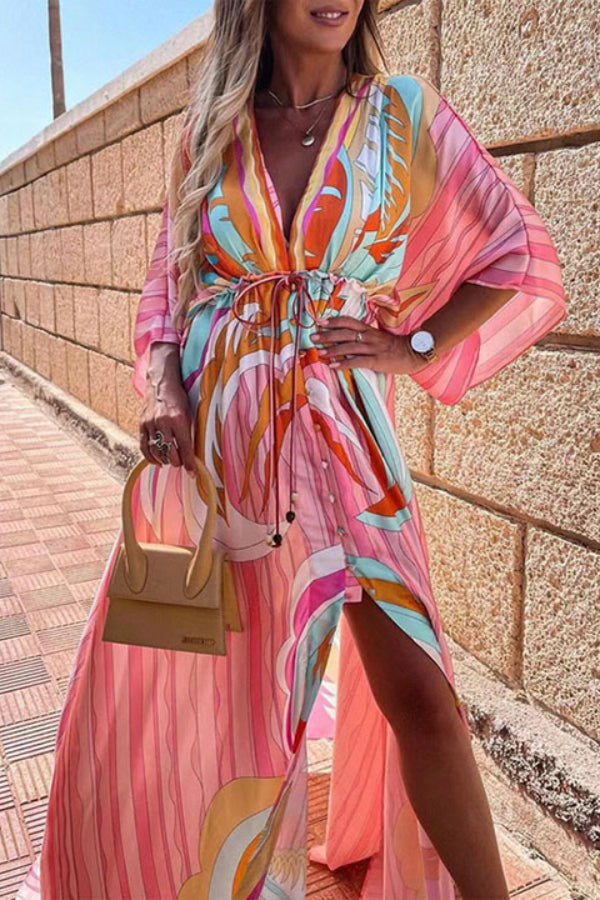 V-Neck Batwing Bohemian Printed Long Beach Cover-Up Dress Pink L