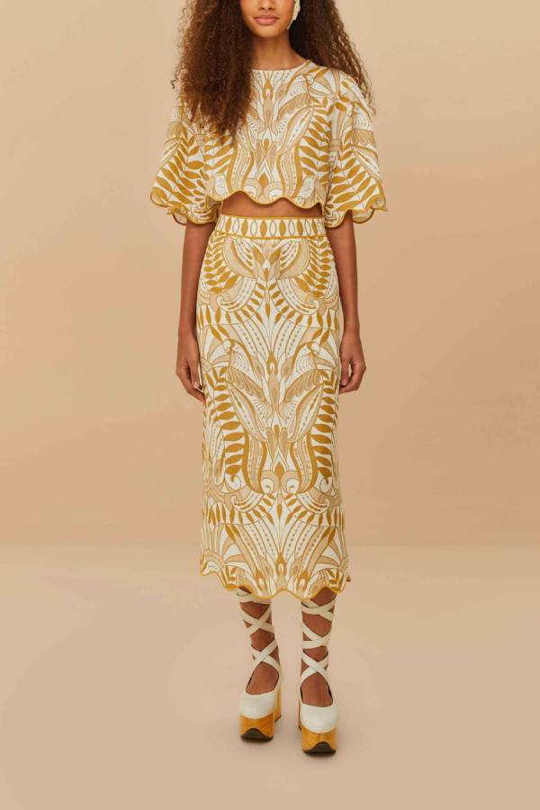 Korra Linen Blend Unique Print Wave Trim Bell Sleeve Top and Elastic Waist Pocket Midi Skirt Set