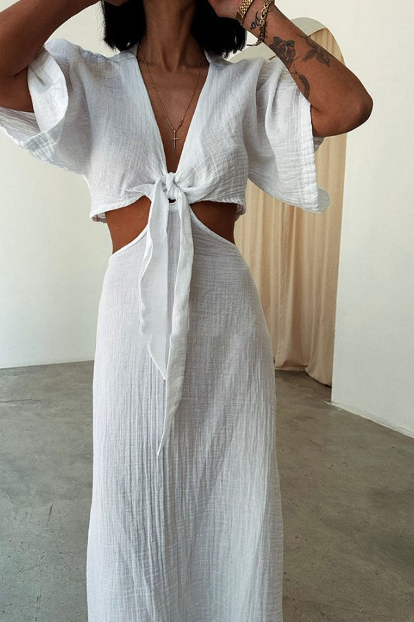 Lace-up Exposed Waist Cotton and Linen Dress White