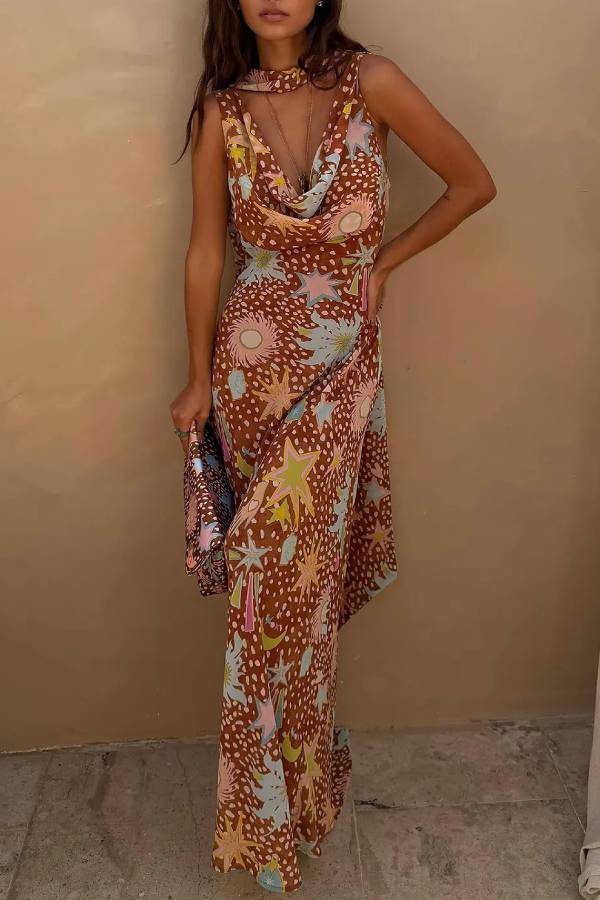 Vintage Print Cowl Neck Sleeveless Maxi Dress