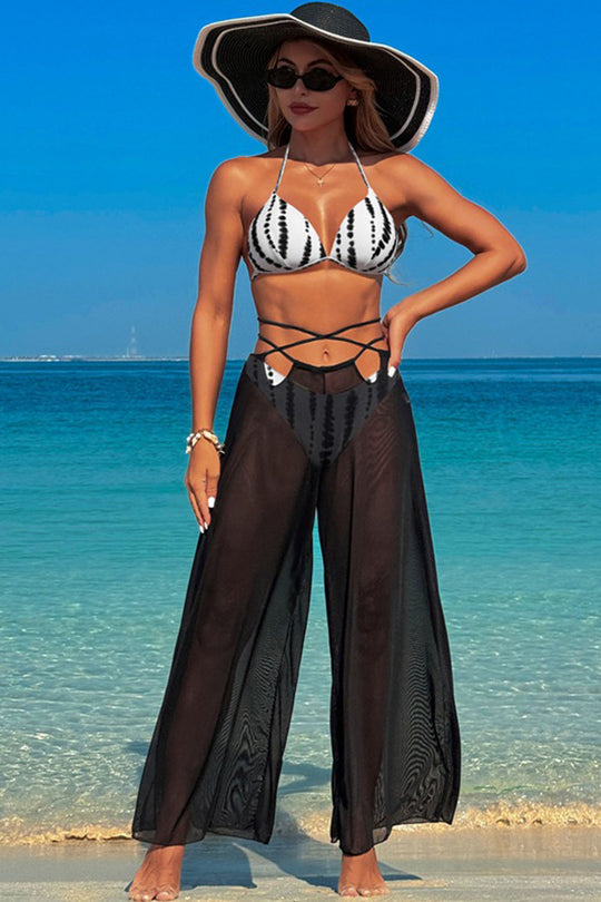 Multicolor printed suspender swimsuit three-piece swimsuit Black polka dot swimsuit + black trousers three-piece suit