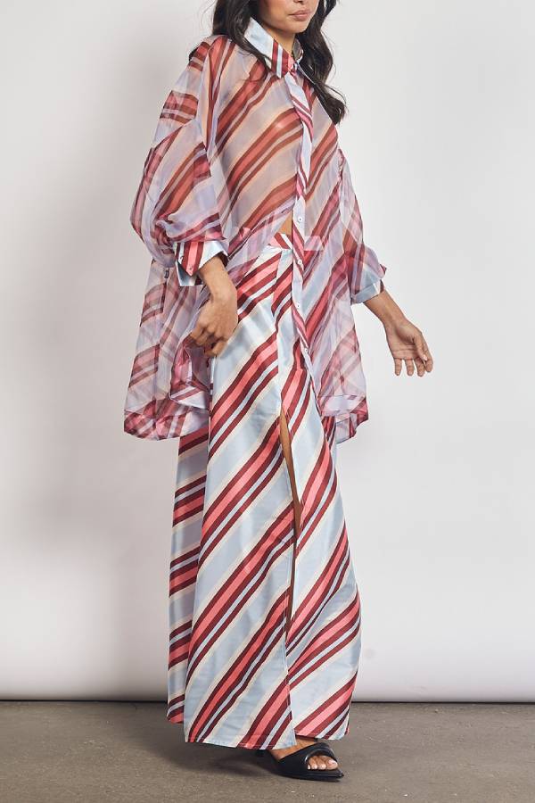 Brighter Days Satin Striped High Rise A-line Slit Maxi Skirt