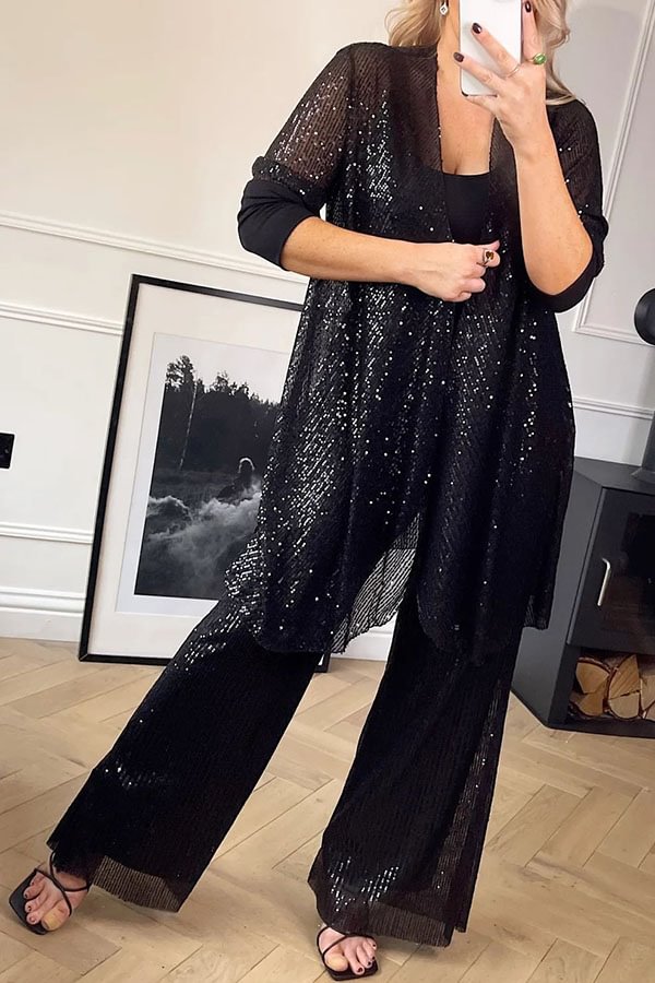 Be The Show Star Sequin Elastic Waist Pocketed Flare Pants Black M