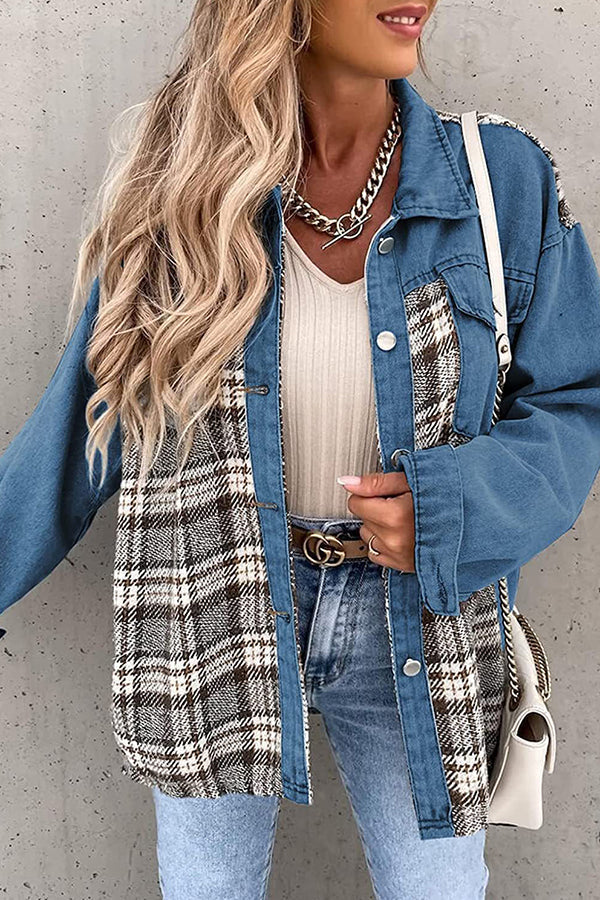 Denim Jacket Long Sleeve Check Button Down Shirt Jacket Top Navy blue
