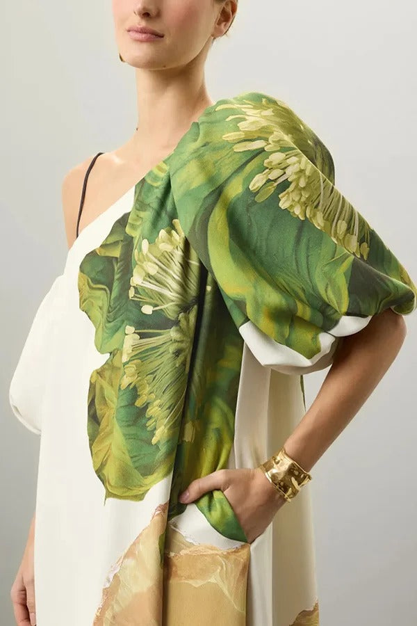 Floral Print Slant Collar Puff Sleeves Loose Holiday Maxi Dress