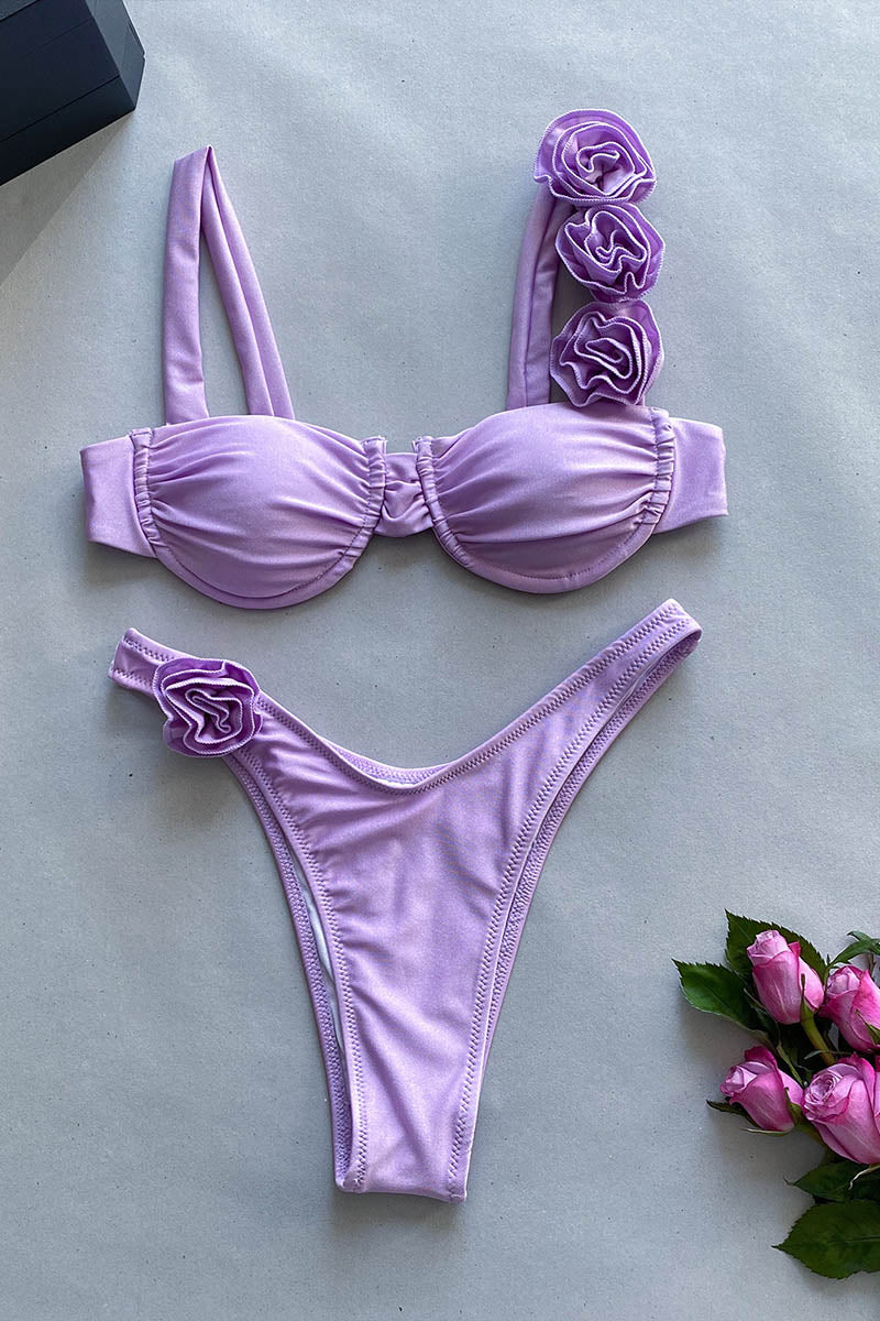 Three-dimensional flower split solid color women's swimsuit Purple
