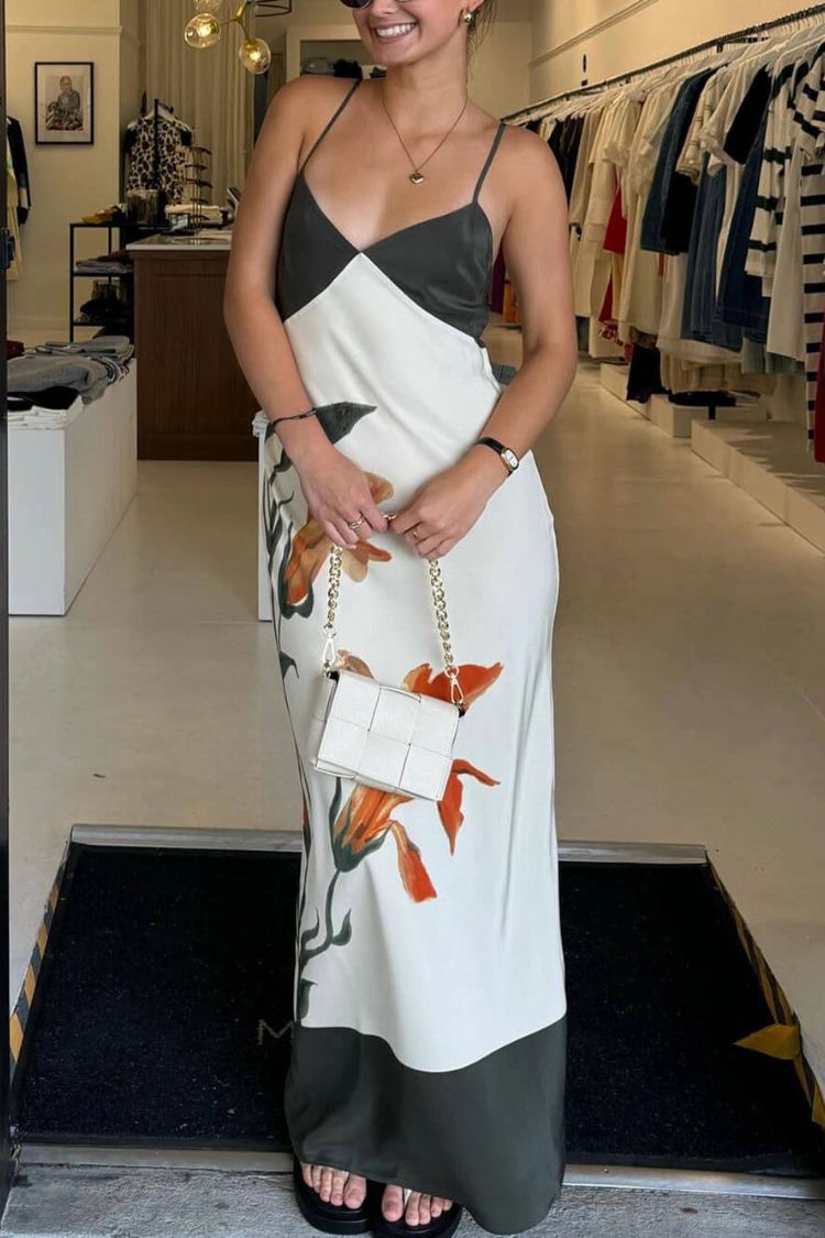 Unique Iris Print V-Neck Suspender Maxi Dress