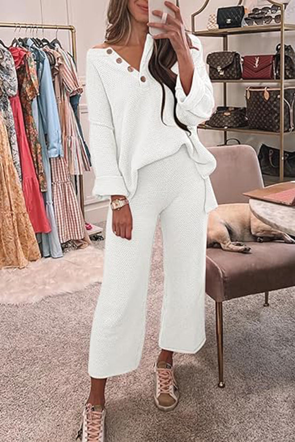 Heather Hailey Solid Color Casual Button V Neck Top and Pant Two Piece Set White