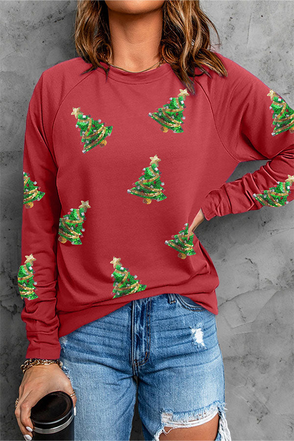 Sequined Christmas Graphic Pullover Sweatshirt Red