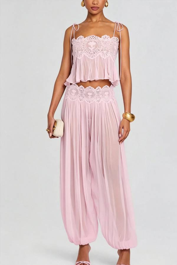 Dreamy Crinkle Chiffon Lace Trim Tank and High Rise Loose Lantern Pants Set