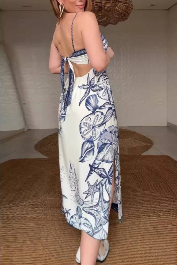 Ocean Print Cami Back‑Tie Slit Vacation Maxi Dress