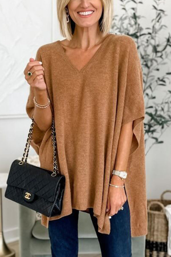 Super Comfortable and Versatile Knit Loose Poncho Sweater Camel