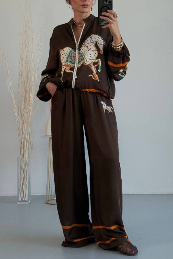 Artistic Satin Colorblock Horse Print Elastic Waist Pocket Wide Leg Pants
