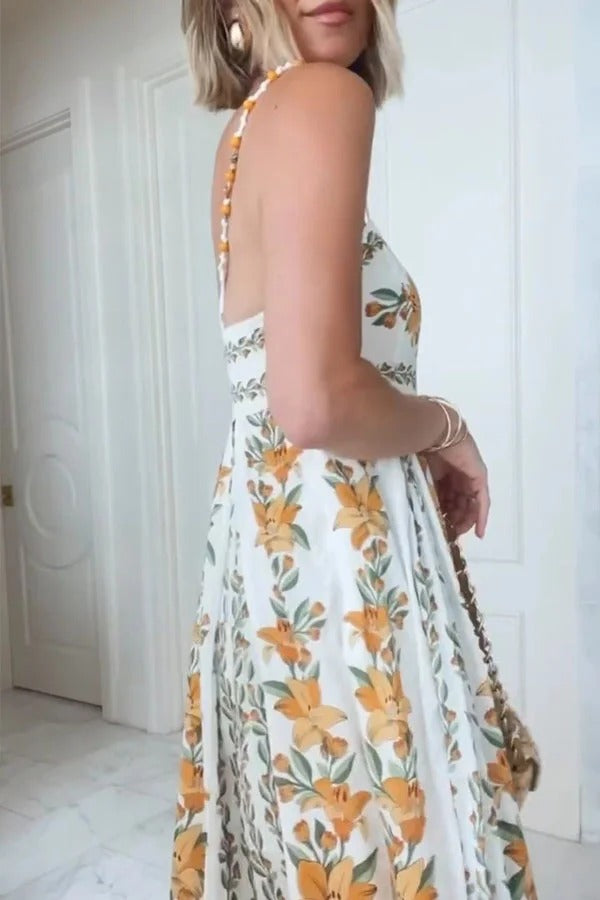 Summer Dreamer Linen Blend Unique Print Beaded Straps Pocketed Maxi Dress